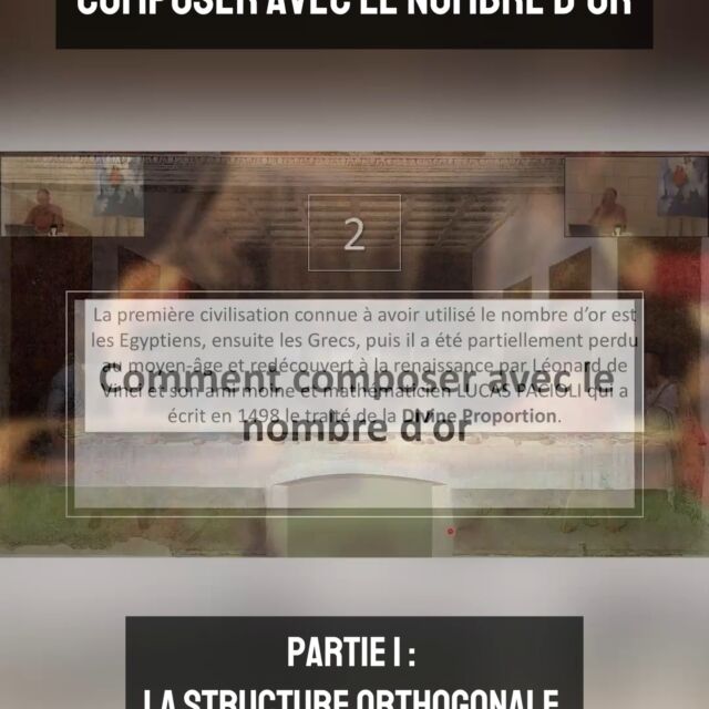 Dans ce cours extrait, je vous montre comment utiliser le nombre d'or en peinture. L'idée est de poser d'abord les mesures de la structure orthogonale pour obtenir des mesures basée sur le nombre d'or à partir des quelles ont va élaborer la construction sous-jacente à la peinture.